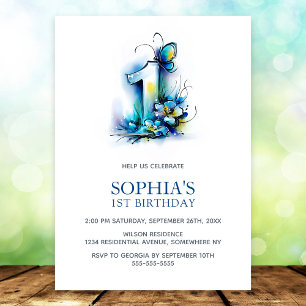 Elegant Blue Butterfly Floral 1st Birthday Party Invitation