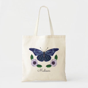 Elegant Blue Butterfly Floral Personalised Script  Tote Bag