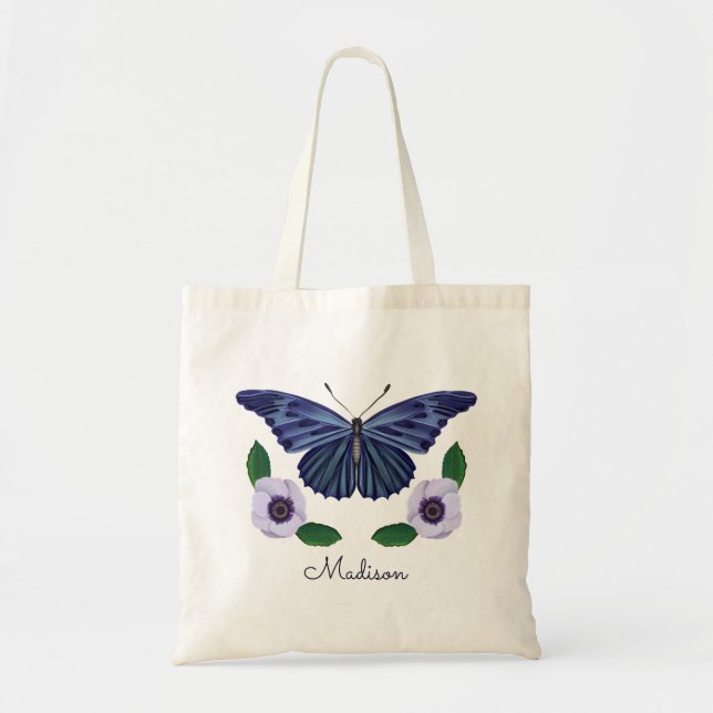Elegant Blue Butterfly Floral Personalised Script  Tote Bag (Front)