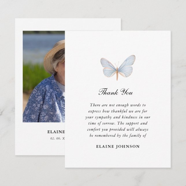 Elegant Blue Butterfly Funeral Photo Thank you  (Front/Back)