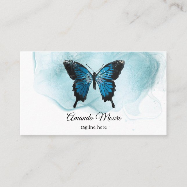elegant blue butterfly nail salon beauty salon business card (Front)