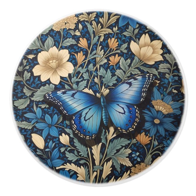 Elegant Blue Butterfly William Morris Inspired Ceramic Knob (Front)
