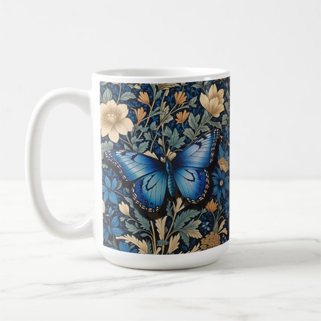 Elegant Blue Butterfly William Morris Inspired Coffee Mug (Left)