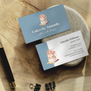 Elegant Blue Cake with Florals Cake Decorating Business Card