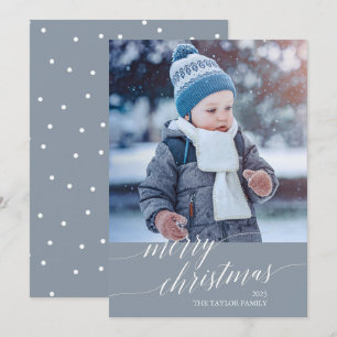 Elegant Blue Calligraphy Merry Christmas Photo Holiday Card