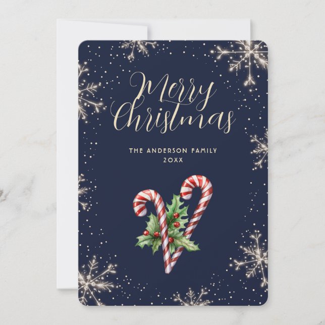 Elegant Blue Candy Canes Snowflakes Christmas Card (Front)