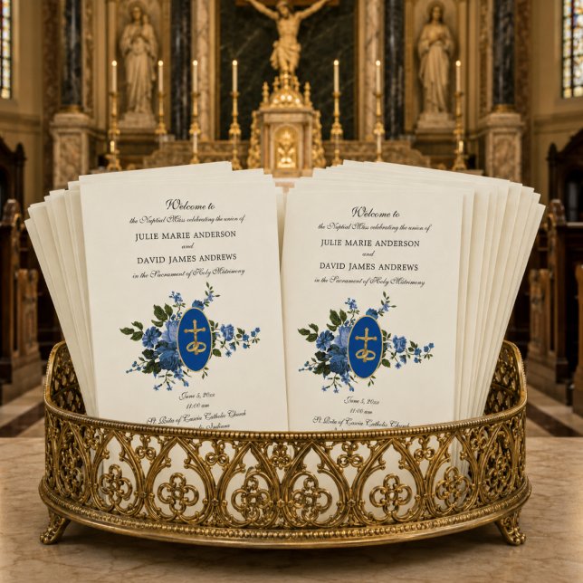 Elegant Blue Catholic Latin Mass Wedding Program (Creator Uploaded)