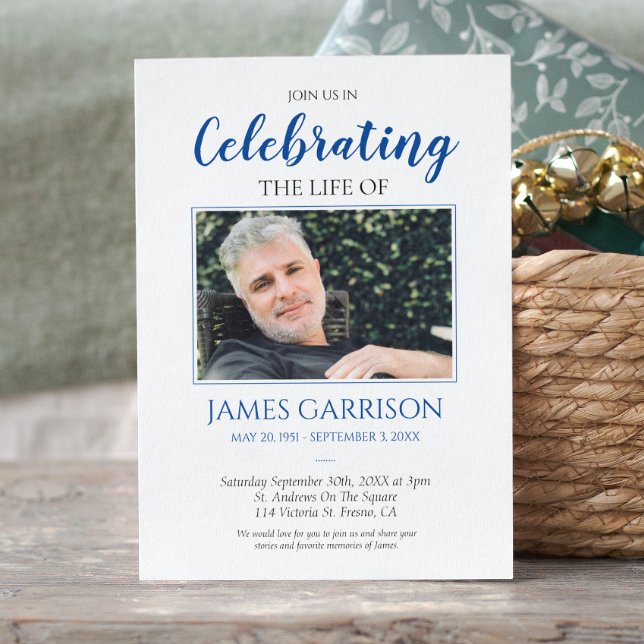 Elegant Blue Celebration of Life Photo Invitation (Creator Uploaded)