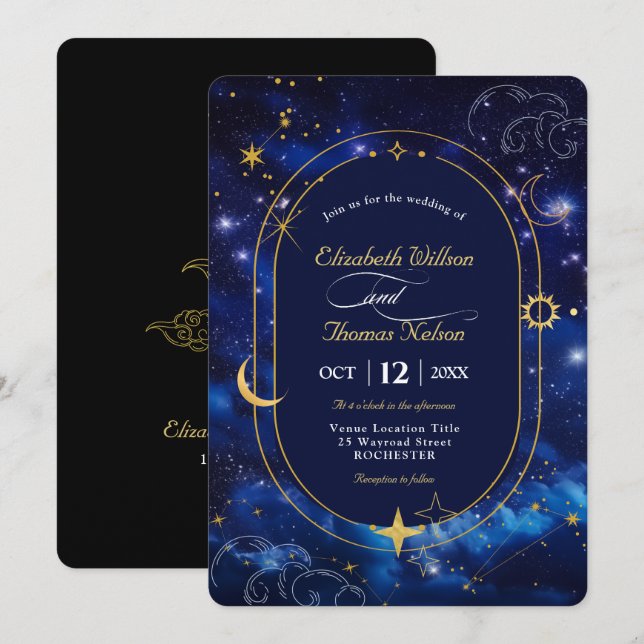Elegant blue celestial wedding invitation (Front/Back)
