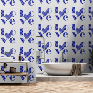 Elegant Blue Chequered Heart & Love Typography Art Wallpaper