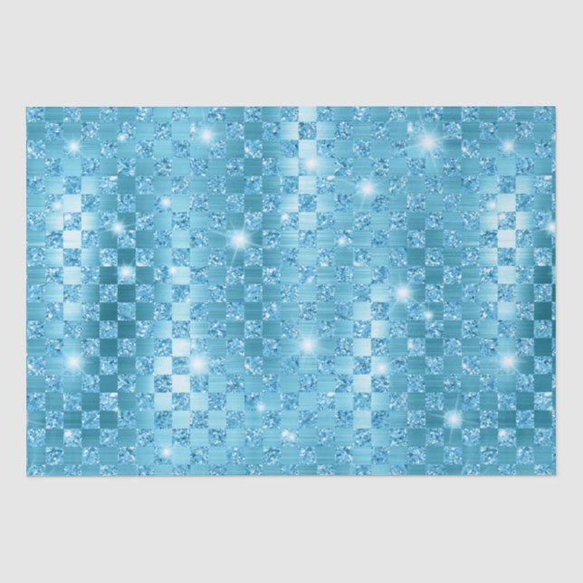Elegant Blue Chequered Metallic Glitter Pattern Tissue Paper (Front)