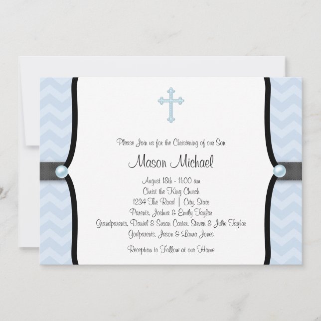 Elegant Blue Chevron Christening Invitation (Front)