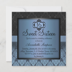 Elegant Blue Chic Damask Sweet16 Invite