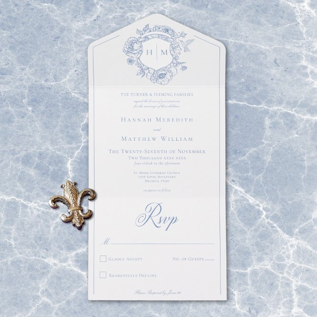 Elegant Blue Chinoiserie Bird Crest Wedding All In One Invitation (Elegant Blue Chinoiserie Bird Crest Wedding All In One Invitation)