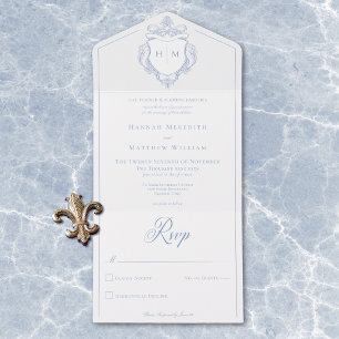 Elegant Blue Chinoiserie Bird Crest Wedding All In One Invitation