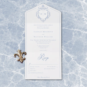 Elegant Blue Chinoiserie Bird Crest Wedding All In One Invitation