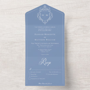 Elegant Blue Chinoiserie Bird Crest Wedding All In One Invitation