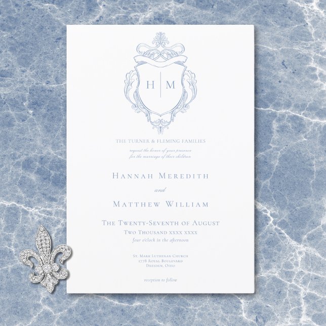 Elegant Blue Chinoiserie Bird & Crest Wedding Invitation (Elegant Blue Chinoiserie Bird & Crest Wedding Invitation)
