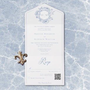 Elegant Blue Chinoiserie Bird Crest Wedding QR All In One Invitation