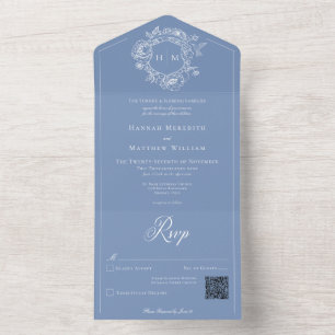 Elegant Blue Chinoiserie Bird Crest Wedding QR All In One Invitation