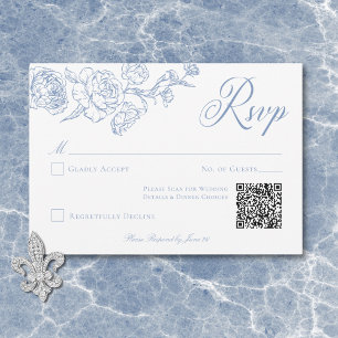 Elegant Blue Chinoiserie Bird & Crest Wedding QR RSVP Card