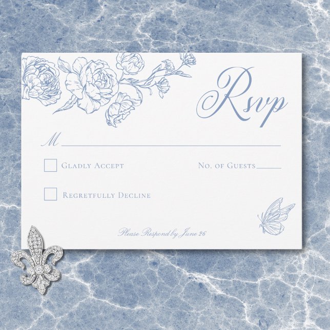 Elegant Blue Chinoiserie Bird & Crest Wedding RSVP Card (Elegant Blue Chinoiserie Bird & Crest Wedding No Dinner RSVP Card)