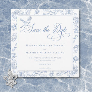 Elegant Blue Chinoiserie Bird & Crest Wedding Save The Date