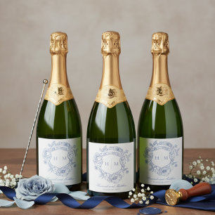 Elegant Blue Chinoiserie Bird Crest Wedding Sparkling Wine Label
