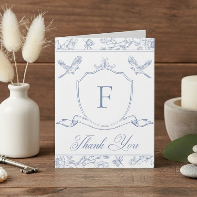 Elegant Blue Chinoiserie Bird & Crest Wedding Than Thank You Card (Creator Uploaded)
