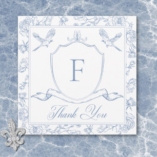 Elegant Blue Chinoiserie Bird & Crest Wedding Thank You Card