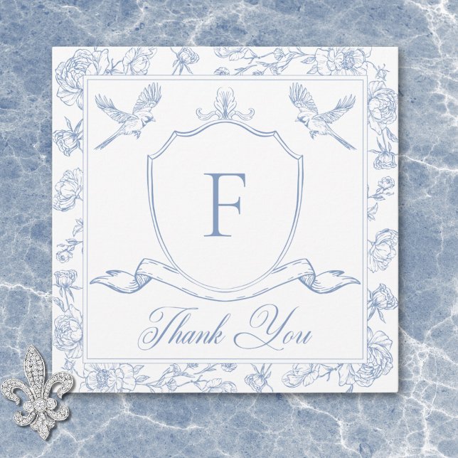 Elegant Blue Chinoiserie Bird & Crest Wedding Thank You Card (Elegant Blue Chinoiserie Bird & Crest Wedding Thank You Card)