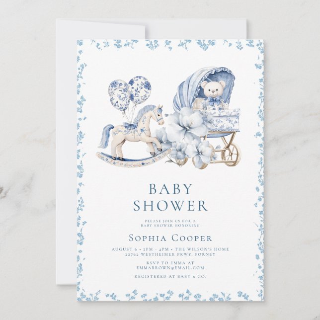 Elegant Blue Chinoiserie Boy Baby Shower Invitation (Front)