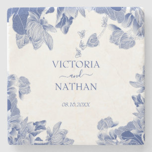 Elegant Blue Chinoiserie Chic Floral Wedding  Stone Coaster