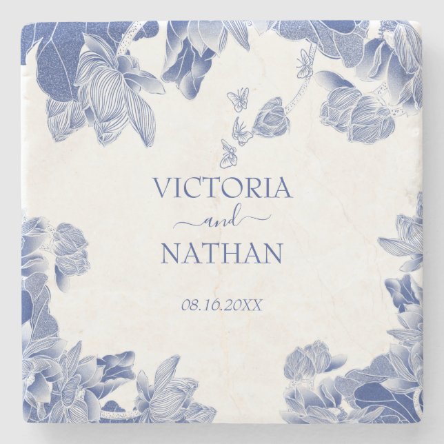 Elegant Blue Chinoiserie Chic Floral Wedding  Stone Coaster (Front)