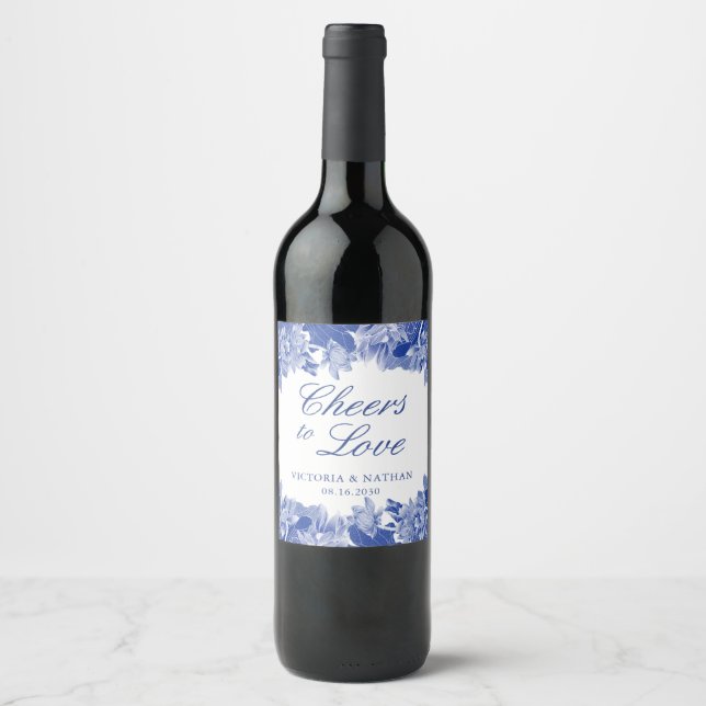 Elegant Blue Chinoiserie Chic Floral Wedding Wine Label (Front)