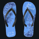 Elegant Blue Chinoiserie Chic Wedding Just Married Flip Flops<br><div class="desc">Featuring a chinoiserie illustration of floral pattern on the blue background, and wedding words typography, these elegant flip flops are a pretty something blue idea for your wedding. They will add a stylish dose of glam to your wedding day, bachelorette party, or other celebration. ♥Customise it with your wording by using the template...</div>