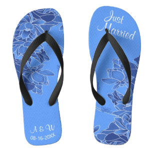 Elegant Blue Chinoiserie Chic Wedding Just Married Flip Flops