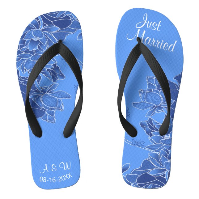 Elegant Blue Chinoiserie Chic Wedding Just Married Flip Flops (Footbed)