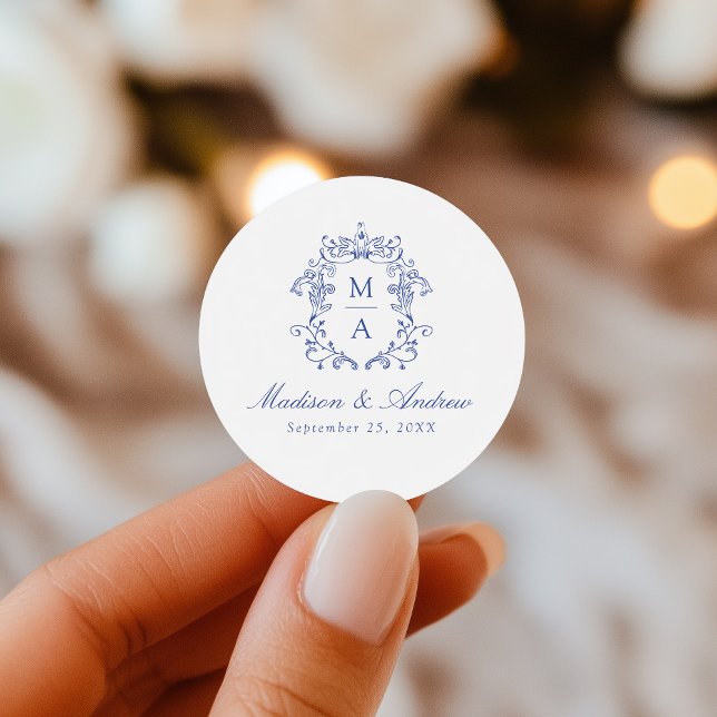 Elegant Blue Chinoiserie Crest Monogram Wedding Classic Round Sticker (Creator Uploaded)