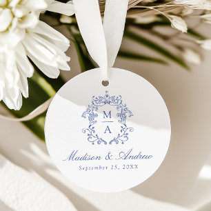 Elegant Blue Chinoiserie Crest Monogram Wedding Favour Tags