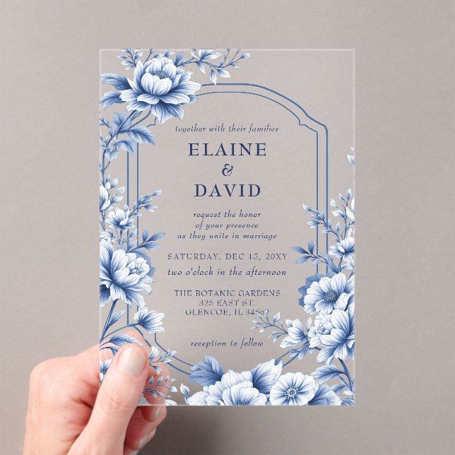 Elegant Blue Chinoiserie Floral Botanical Wedding Acrylic Invitations (Insitu (Handheld))