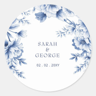 Elegant Blue Chinoiserie Floral Botanical Wedding Classic Round Sticker