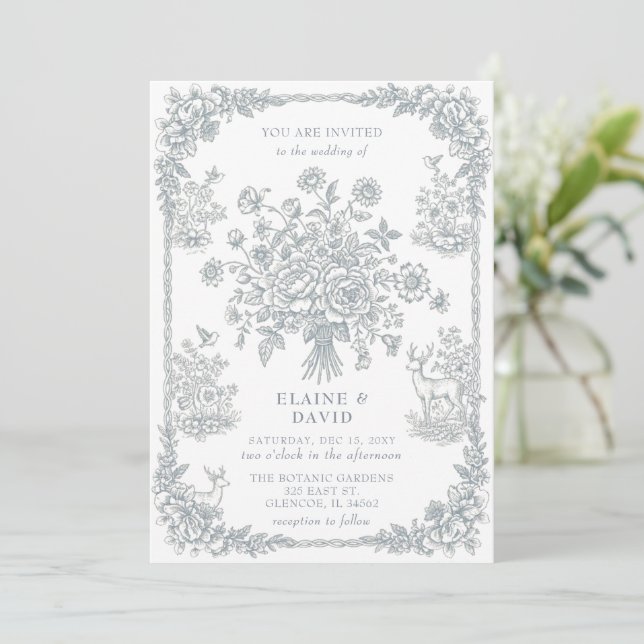 Elegant Blue Chinoiserie Floral Botanical Wedding Invitation (Standing Front)