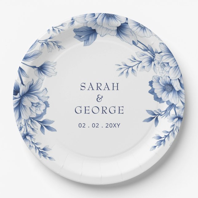 Elegant Blue Chinoiserie Floral Botanical Wedding Paper Plate (Front)