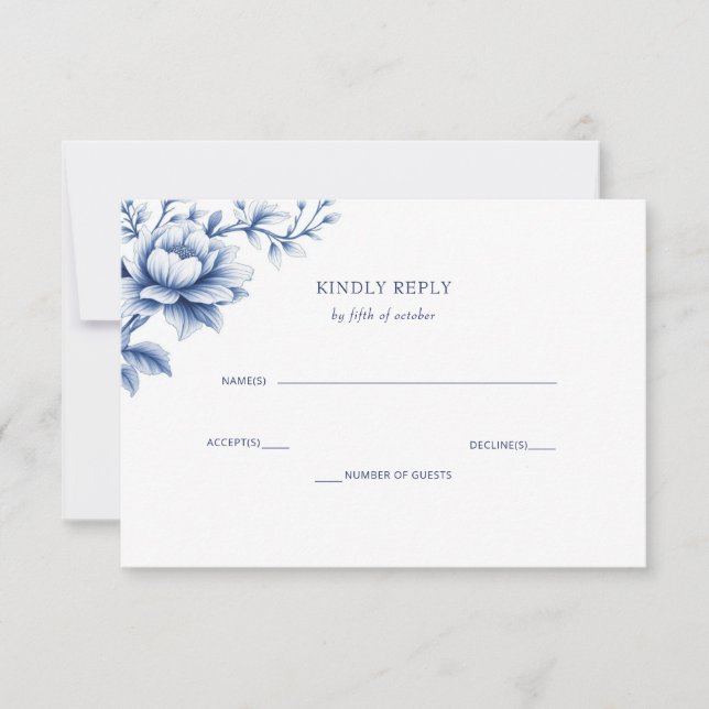 Elegant Blue Chinoiserie Floral Botanical Wedding RSVP Card (Front)
