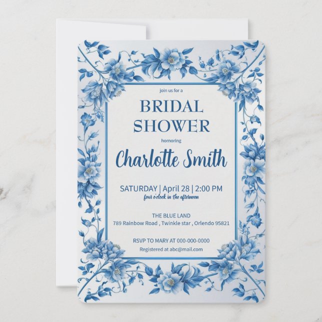 Elegant Blue Chinoiserie Floral bridal shower Invitation (Front)
