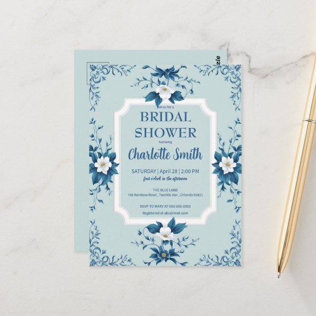 Elegant Blue Chinoiserie Floral bridal shower Postcard (Front/Back In Situ)