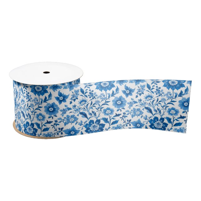 Elegant Blue Chinoiserie Floral bridal shower Satin Ribbon (Spool)