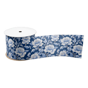 Elegant Blue Chinoiserie Floral bridal shower Satin Ribbon