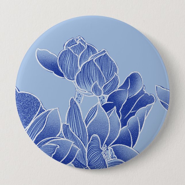 Elegant Blue Chinoiserie Floral Lotus Mandala  10 Cm Round Badge (Front)